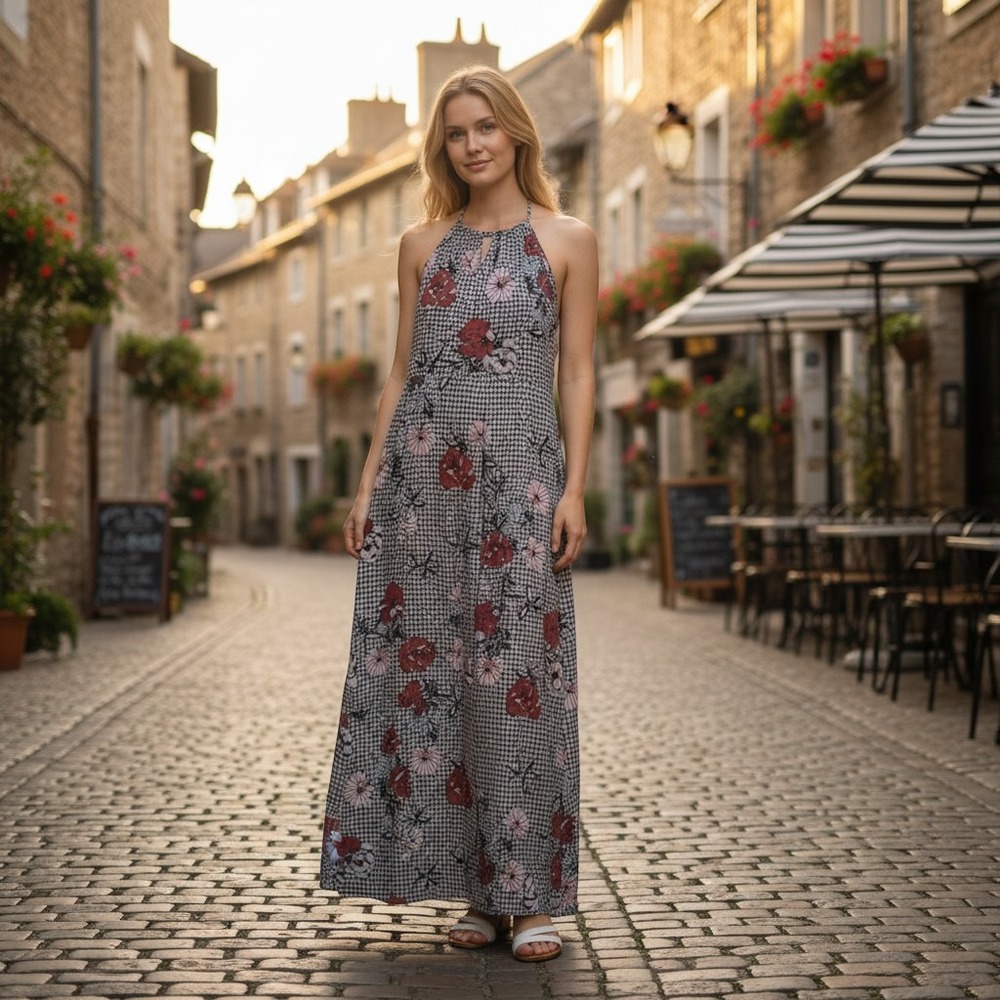 Candies Womens Gray Red Floral Geometric Halter Neck Maxi Dress Size Medium